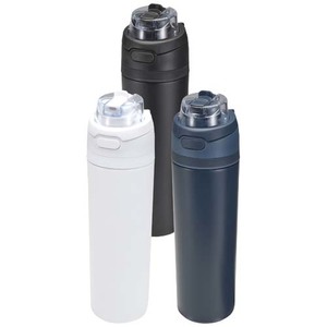 Fotografie k reklamnímu předmětu „Láhev na vodu Theron 800 ml z recyklované nerezové oceli s jednoduchou stěnou, vybavená víčkem s dvojí funkcí a sklopnou brčk“