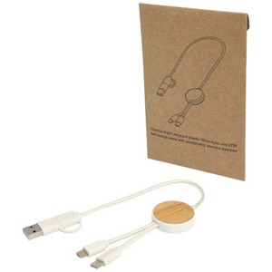 Fotografie reklamního předmětu „Datový synchronizační a rychlonabíjecí 27W kabel 5 v 1 z recyklovaného plastu o délce 30 cm s bambusovými detaily Chechia“