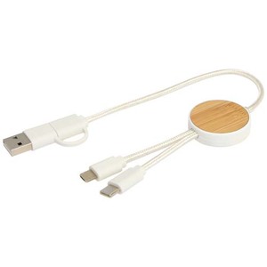 Fotografie k reklamnímu předmětu „Datový synchronizační a rychlonabíjecí 27W kabel 5 v 1 z recyklovaného plastu o délce 30 cm s bambusovými detaily Chechia“