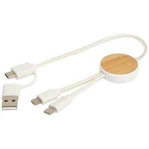 Fotografie k reklamnímu předmětu „Datový synchronizační a rychlonabíjecí 27W kabel 5 v 1 z recyklovaného plastu o délce 30 cm s bambusovými detaily Chechia“
