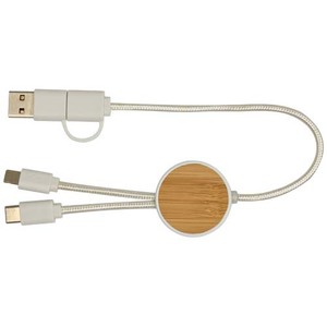 Fotografie k reklamnímu předmětu „Datový synchronizační a rychlonabíjecí 27W kabel 5 v 1 z recyklovaného plastu o délce 30 cm s bambusovými detaily Chechia“