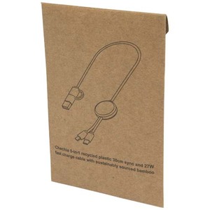 Fotografie k reklamnímu předmětu „Datový synchronizační a rychlonabíjecí 27W kabel 5 v 1 z recyklovaného plastu o délce 30 cm s bambusovými detaily Chechia“