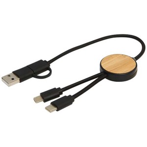 Fotografie k reklamnímu předmětu „Datový synchronizační a rychlonabíjecí 27W kabel 5 v 1 z recyklovaného plastu o délce 30 cm s bambusovými detaily Chechia“