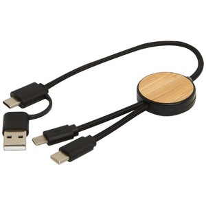 Fotografie k reklamnímu předmětu „Datový synchronizační a rychlonabíjecí 27W kabel 5 v 1 z recyklovaného plastu o délce 30 cm s bambusovými detaily Chechia“