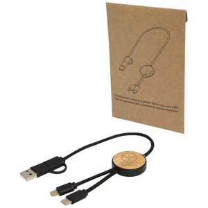 Fotografie k reklamnímu předmětu „Datový synchronizační a rychlonabíjecí 27W kabel 5 v 1 z recyklovaného plastu o délce 30 cm s bambusovými detaily Chechia“