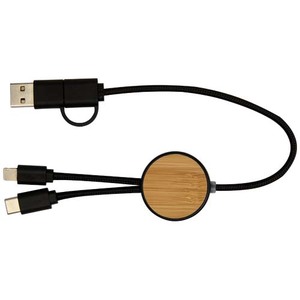 Fotografie k reklamnímu předmětu „Datový synchronizační a rychlonabíjecí 27W kabel 5 v 1 z recyklovaného plastu o délce 30 cm s bambusovými detaily Chechia“