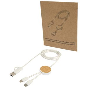 Fotografie reklamního předmětu „Datový synchronizační a rychlonabíjecí 27W kabel 5 v 1 z recyklovaného plastu o délce 150 cm s bambusovými detaily Chechia“
