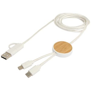 Fotografie k reklamnímu předmětu „Datový synchronizační a rychlonabíjecí 27W kabel 5 v 1 z recyklovaného plastu o délce 150 cm s bambusovými detaily Chechia“