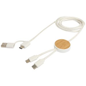 Fotografie k reklamnímu předmětu „Datový synchronizační a rychlonabíjecí 27W kabel 5 v 1 z recyklovaného plastu o délce 150 cm s bambusovými detaily Chechia“