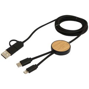 Fotografie k reklamnímu předmětu „Datový synchronizační a rychlonabíjecí 27W kabel 5 v 1 z recyklovaného plastu o délce 150 cm s bambusovými detaily Chechia“