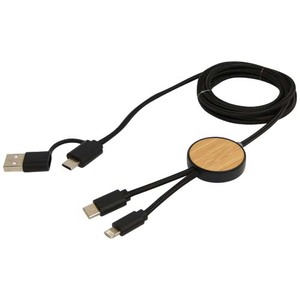 Fotografie k reklamnímu předmětu „Datový synchronizační a rychlonabíjecí 27W kabel 5 v 1 z recyklovaného plastu o délce 150 cm s bambusovými detaily Chechia“