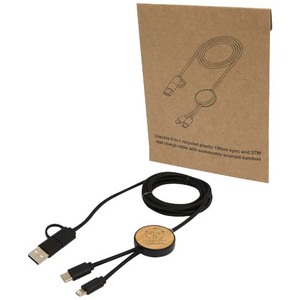 Fotografie k reklamnímu předmětu „Datový synchronizační a rychlonabíjecí 27W kabel 5 v 1 z recyklovaného plastu o délce 150 cm s bambusovými detaily Chechia“