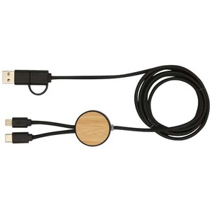 Fotografie k reklamnímu předmětu „Datový synchronizační a rychlonabíjecí 27W kabel 5 v 1 z recyklovaného plastu o délce 150 cm s bambusovými detaily Chechia“