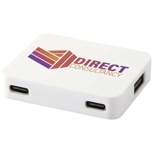 Fotografie k reklamnímu předmětu „Gaia 4portový USB hub s výstupy USB-A a Type-C a duálním vstupem – vyrobeno z recyklovaného plastu“