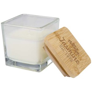 Fotografie k reklamnímu předmětu „Ambra čtvercová skleněná svíčka s bambusovým víčkem“