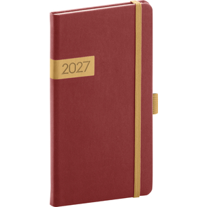 Fotografie reklamního předmětu „NOTIQUE Kapesní diář Twill 2027, bordó-zlatý, 9 x 15,5 cm“